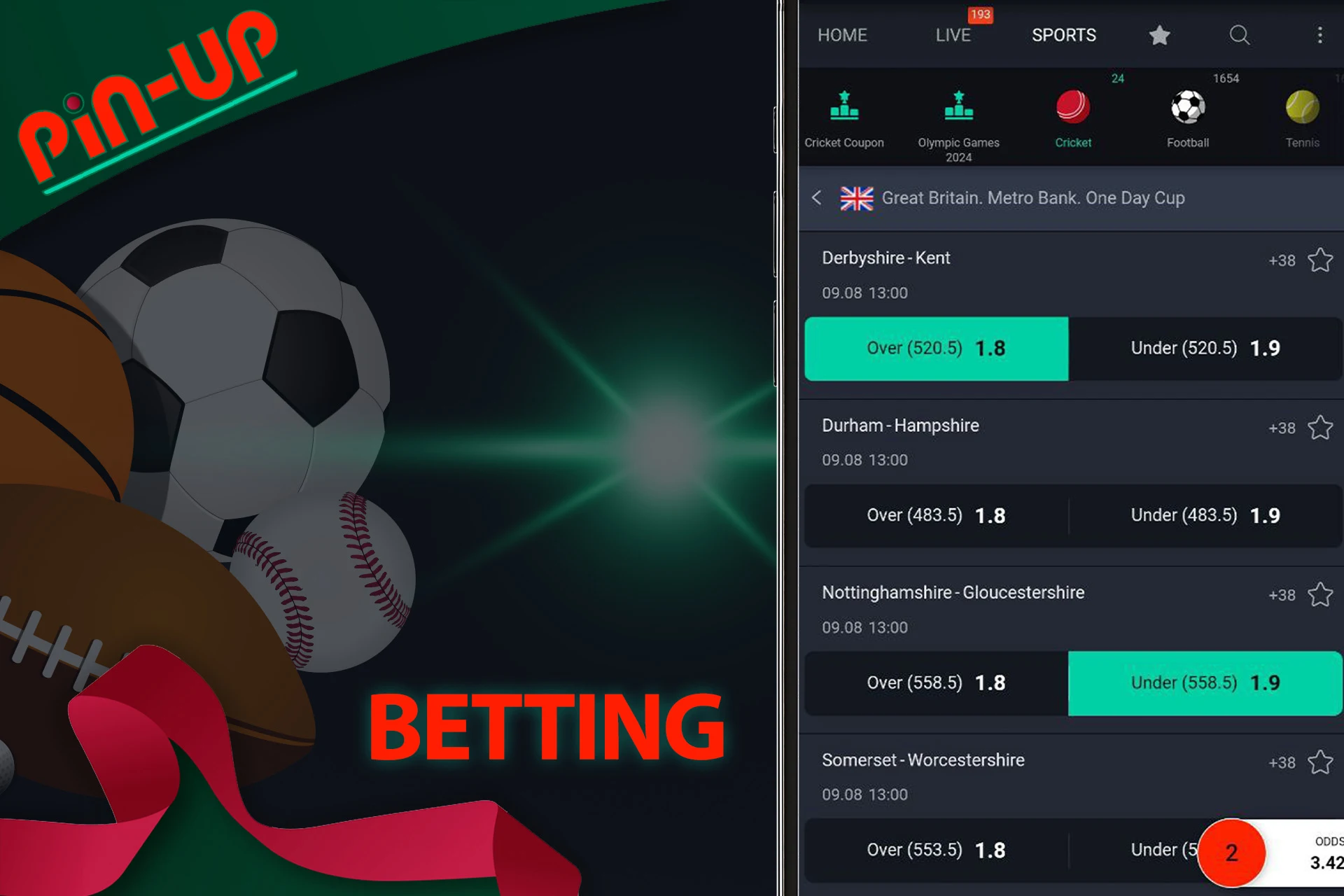 Many betting options on various sporting events